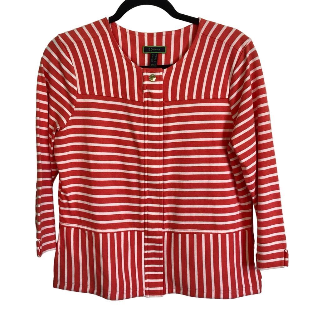 C Wonder Women's Size 6 Coral Stripe Zip Front 3/4 Sleeve Cotton Knit Jacket